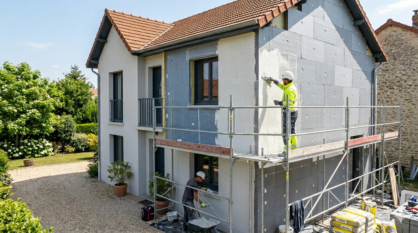 Maison individuelle après isolation thermique par l’extérieur avec façade rénovée