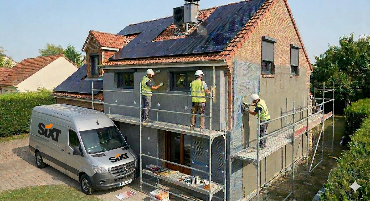 Famille devant une maison rénovée grâce à une isolation thermique par l'extérieur